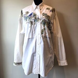 Ol Paint Oil Painting Bird & Vine Button Down Long Sleeve Shirt Vintage
